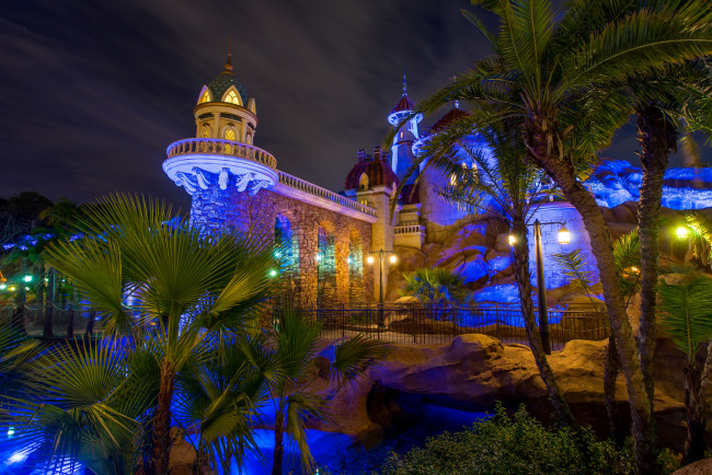 Обои картинки фото magic kingdom - behind the palms, города, диснейленд, огни, ночь, замок, парк
