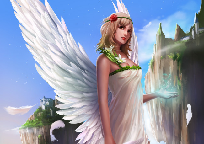 Обои картинки фото фэнтези, ангелы, скалы, рука, девушка, крылья, ангел, арт, венок, перья, цветы, город, магия