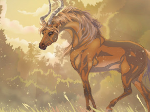 Картинка рисованное животные +сказочные +мифические фон лошадь взгляд рога