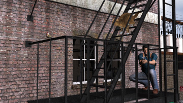 Картинка 3д+графика фантазия+ fantasy птичка взгляд мужчина кот лестница фон оружие балкон