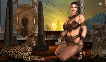 Картинка 3д+графика фантазия+ fantasy девушка взгляд фон тигр