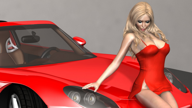 Обои картинки фото автомобили, 3d car&girl, автомобиль, блондинка, фон, взгляд, девушка