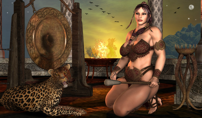 Обои картинки фото 3д графика, фантазия , fantasy, девушка, взгляд, фон, тигр