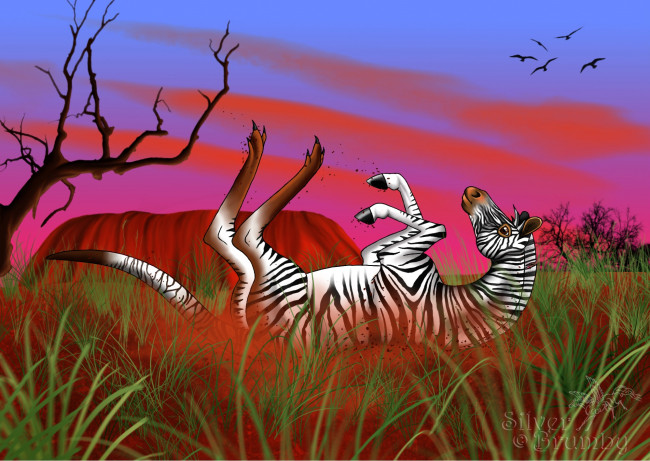 Обои картинки фото рисованное, животные,  сказочные,  мифические, жирафа, трава