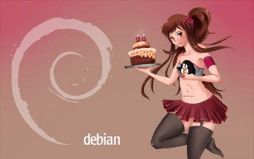 Картинка компьютеры debian взгляд девушка логотип фон