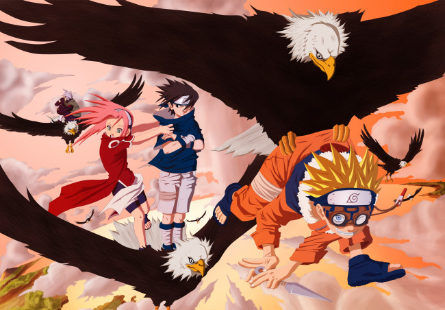 Обои картинки фото аниме, naruto, konoha, hitaiate, eagle, uzumaki, uchiha, sasuke, kunoichi, hiouri-nin, shinobi, ninja, kayo1996, team, 7, hatake, kakashi, haruno, sakura, taka, anime, shippuden