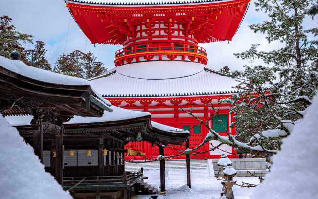 Обои картинки фото города, - буддийские и другие храмы, пагода, здание, архитектура, красный, снег, зима, author, samuel, berner