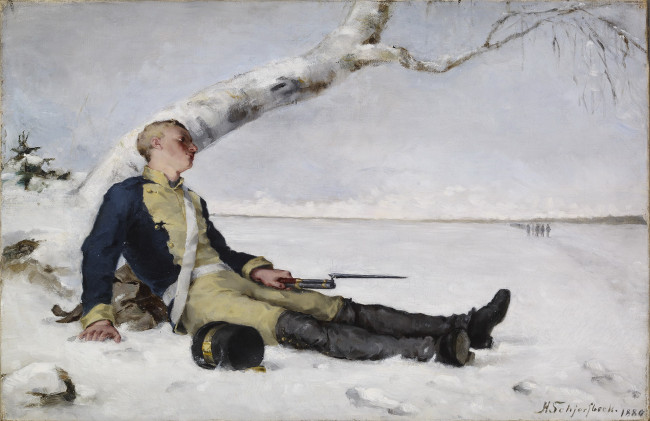 Обои картинки фото рисованное, живопись, солдат, снег, дерево, отдых