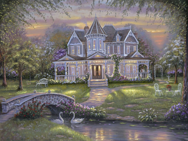 Обои картинки фото рисованное, robert finale, дом, сад, мост, река, лебеди