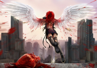обоя фэнтези, ангелы, девушка, ангел, крылья, сердце, город, кровь