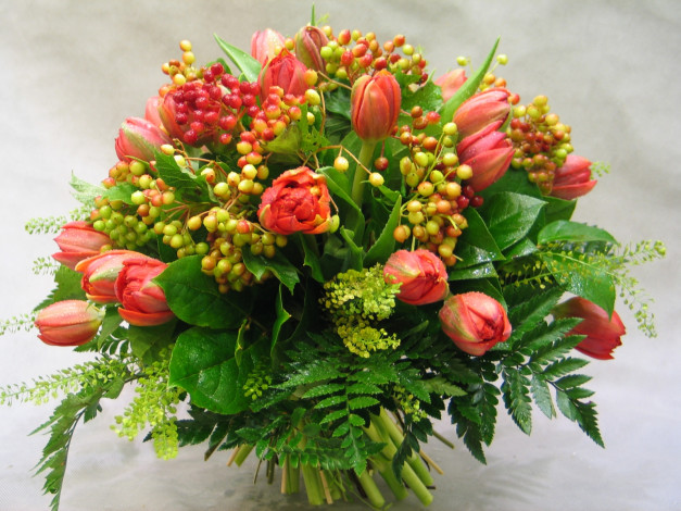 Обои картинки фото цветы, букеты, композиции, ягоды, тюльпаны, папоротник
