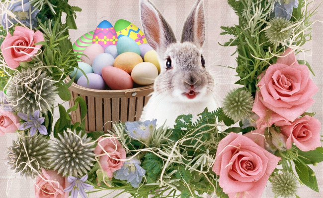 Обои картинки фото праздничные, пасха, кролик, цветы, розы, крашенки, пасхальные, яйца
