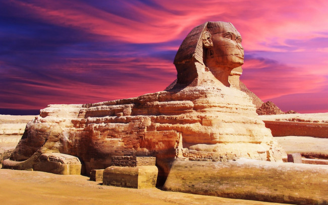 Обои картинки фото сфинкс, города, исторические, архитектурные, памятники, песок, небо, закат, краски, достопримечательность, история, египет