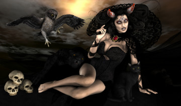 Картинка 3д графика fantasy фантазия черепа сова кошки девушка