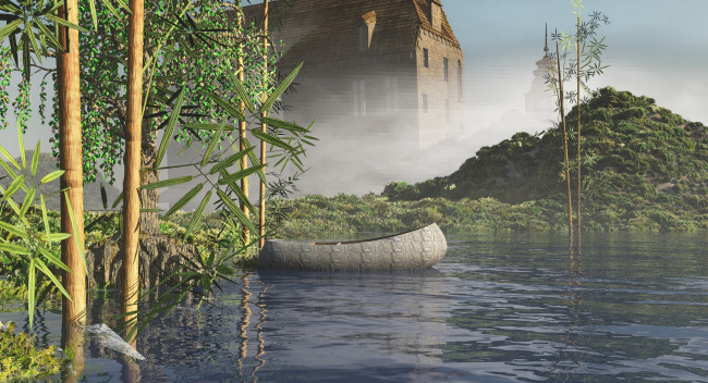 Обои картинки фото 3д, графика, nature, landscape, природа, деревья, вода, лодка, дом
