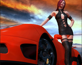 обоя автомобили, 3d car&girl, взгляд, девушка, фон, автомобиль