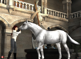 Картинка 3д+графика люди+ people лошадь девушка взгляд фон