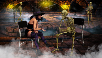 Картинка 3д+графика ужас+ horror ад пар стул сделка фон девушка скелеты взгляд