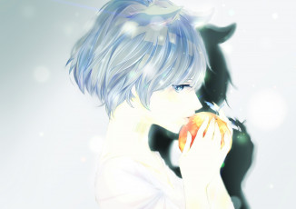 Картинка аниме unknown +другое арт john-n девушка яблоко фрукт тень ушки штрих-код