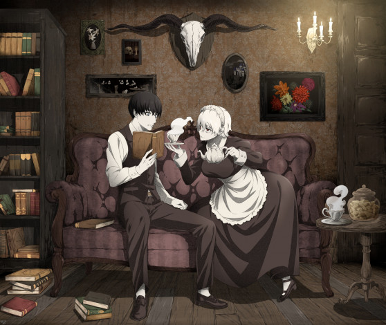 Обои картинки фото аниме, unknown,  другое, череп, парень, девушка, комната, arisawa, kuro