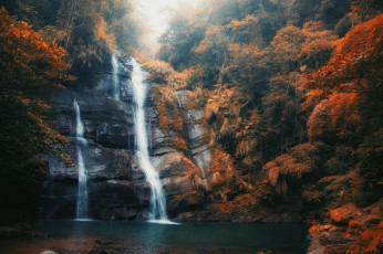 Картинка природа водопады лес скала поток