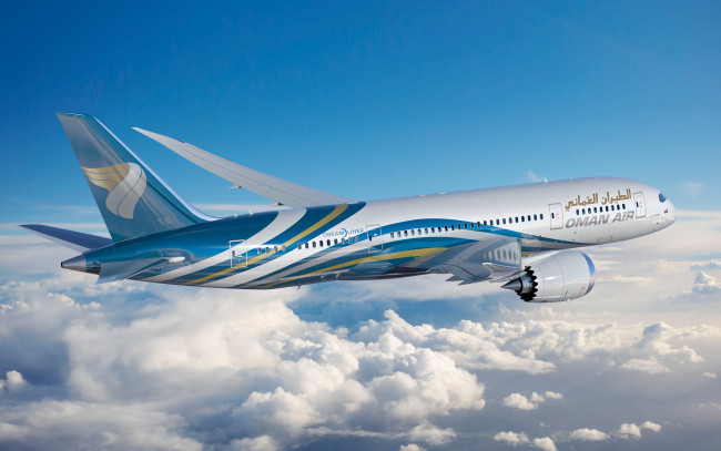 Обои картинки фото boeing 787 dreamliner, авиация, пассажирские самолёты, боинг, boeing, 787, dreamliner, гражданская, omar, air