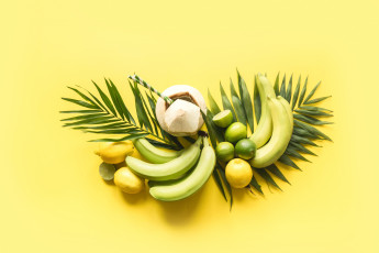 Картинка еда фрукты +ягоды лист лимон банан кокос