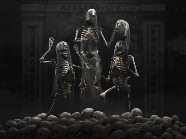 Обои картинки фото 3д графика, ужас , horror, череп, фон, скелет