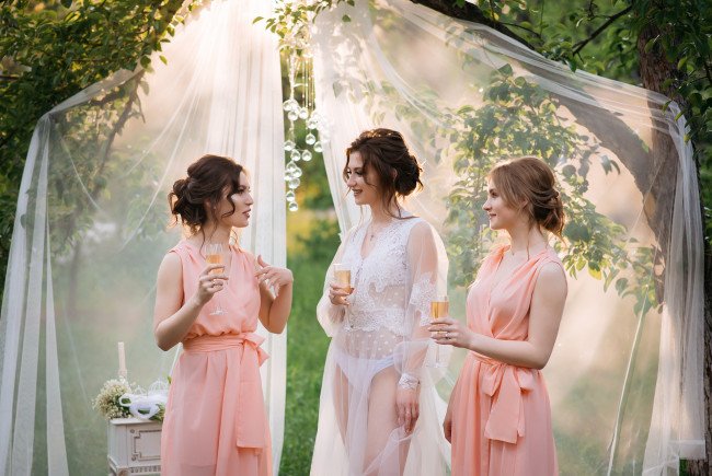 Обои картинки фото девушки, - группа девушек, подружки, невеста, бокалы, вино