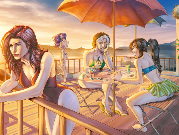 Обои картинки фото рисованное, люди, девушки, фон, столик, зонт, купальник