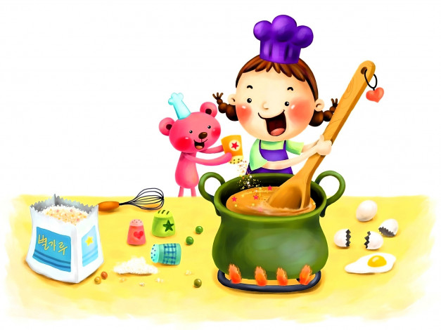 Обои картинки фото рисованное, дети, девочка, мишка, котел, кухня