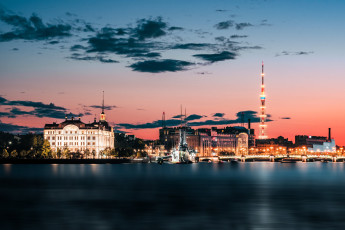 обоя города, санкт-петербург,  петергоф , россия, здания, огни, закат, мост, река, корабль