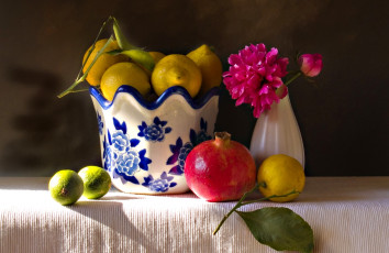 Картинка еда натюрморт пион гранат лимоны лайм