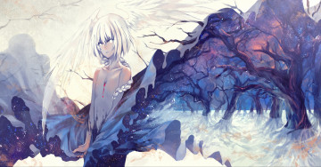 Картинка аниме angels demons девушка светловолосая взгляд крылья ткань коса деревья снег метель кровь