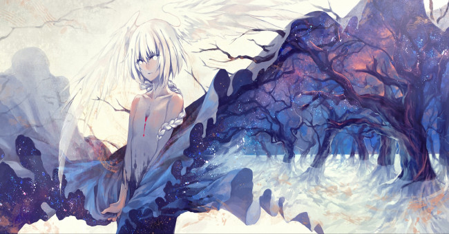 Обои картинки фото аниме, angels, demons, девушка, светловолосая, взгляд, крылья, ткань, коса, деревья, снег, метель, кровь