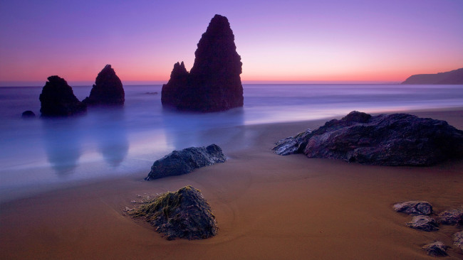 Обои картинки фото природа, побережье, залив, закат, камни, море