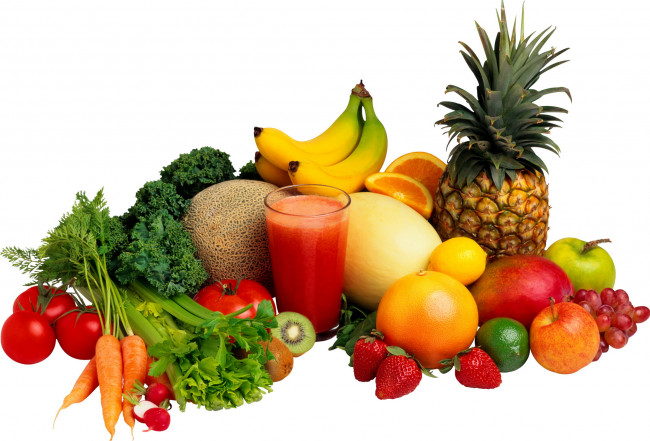 Обои картинки фото еда, фрукты, овощи, вместе, киви, помидор, банан, сок, клубника, ананас, томаты