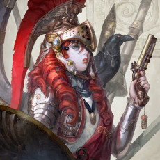 Картинка аниме -weapon +blood+&+technology девушка красные волосы ворона кулон шлем воин арт