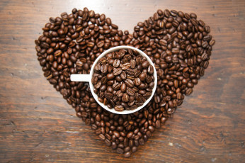 обоя еда, кофе,  кофейные зёрна, чашка, сердце