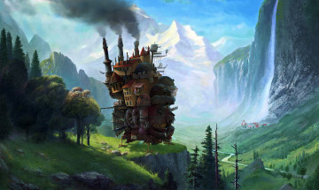 Картинка аниме howl`s+moving+castle горы мир иной обрыв сказочный дом ущелье