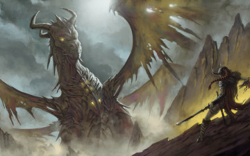 Картинка фэнтези драконы воин меч горы скалы шлем рога дракон крылья бой