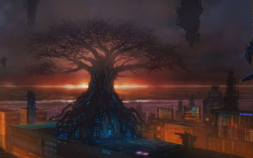 Картинка фэнтези иные+миры +иные+времена tree of life город небоскребы арт фантастика древо дерево
