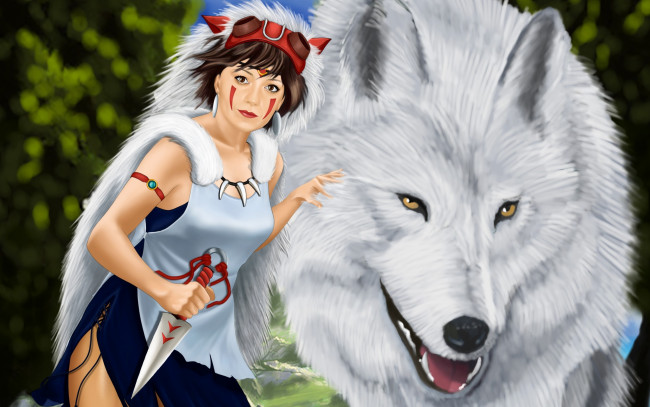 Обои картинки фото разное, арты, princess, mononoke, волк, девушка, danliz