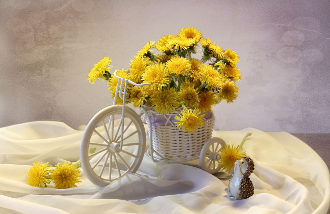 Обои картинки фото цветы, одуванчики, желтый, ежик, тачка