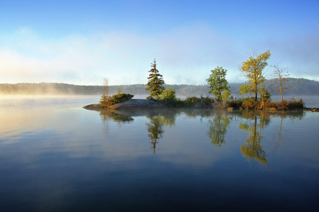 Обои картинки фото природа, реки, озера, деревья, озеро, остров, рассвет, утро