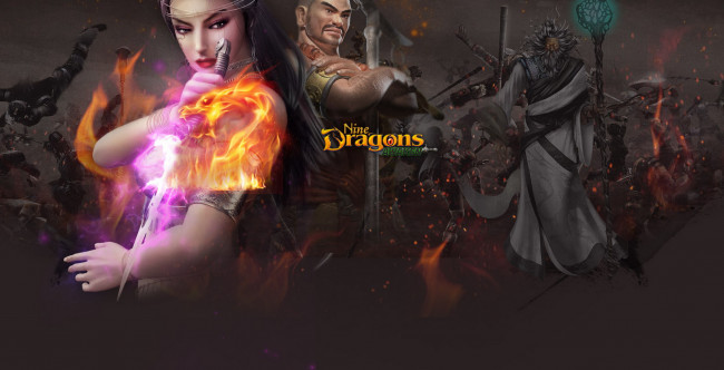 Обои картинки фото видео игры, 9 dragons, воин, огонь, магия, девушка, старик