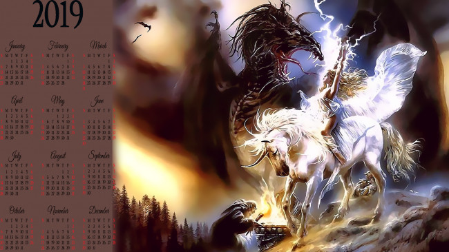 Обои картинки фото календари, фэнтези, конь, лошадь, девушка, дракон