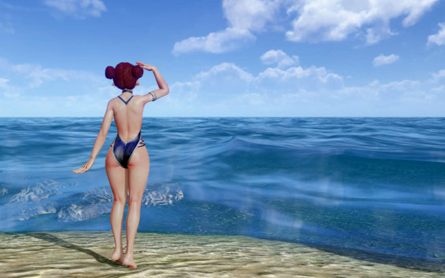 Обои картинки фото 3д графика, аниме , anime, девушка, купальник, берег, море