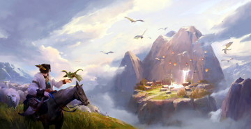 Картинка фэнтези драконы всадник овцы дракончики горы село