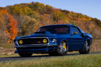 обоя автомобили, mustang, ford, 1969, blue, road, sema, forest, ringbrothers, 2022